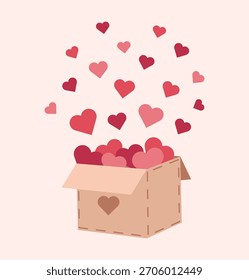 Ilustração vetorial de uma caixa de papelão aberta com corações cor-de-rosa e vermelhos. Gráficos de estilo plano, doces, românticos em um fundo branco para o Dia dos Namorados.