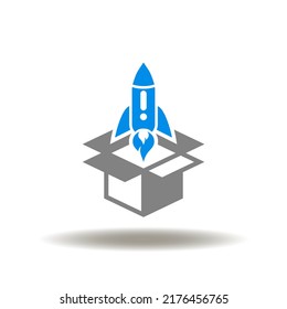 Vector illustration of open cardboard or packaging with start rocket. Icon of startup. Symbol of MVP Minimum Viable Product.