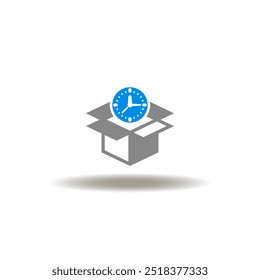 Vector illustration of open cardboard packaging box and clock. Symbol of after sales service.