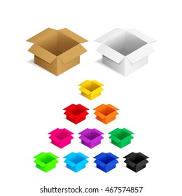 vector illustration. Open the cardboard packing boxes. Colorful set
