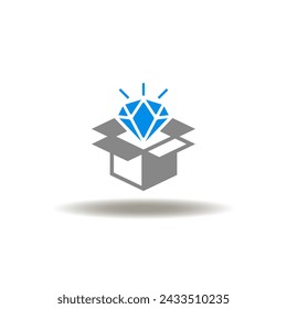 Vector illustration of open cardborad box with shining gem. Icon of USP Unique Selling Points. Symbol of new top product represents.