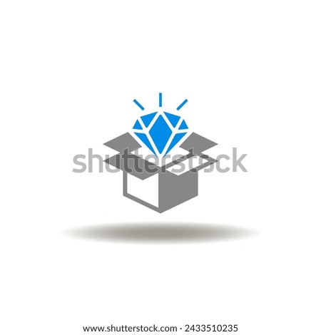 Vector illustration of open cardborad box with shining gem. Icon of USP Unique Selling Points. Symbol of new top product represents.