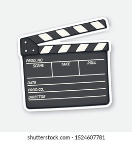 Vector illustration. Open clapperboard used in cinema when shooting a film. Movie industry. Sticker with contour. Black clapper board. Isolated on white background