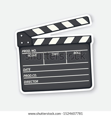 Vector illustration. Open clapperboard used in cinema when shooting a film. Movie industry. Sticker with contour. Black clapper board. Isolated on white background