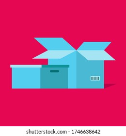 Ilustración vectorial caja azul abierta y cerrada con código de barras. El fondo es rojo. Entrega. Almacenamiento. Contenedor. El paquete. Caja vacía. Plano.