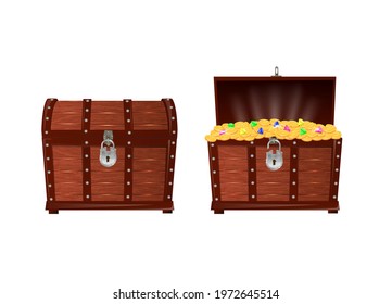 Vector Illustration Of Open And Closed Chest With Gold.