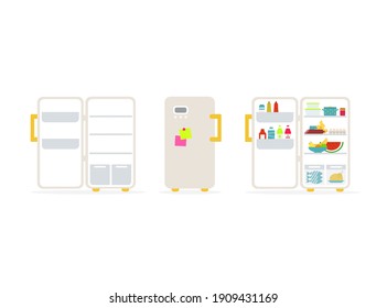 Vector illustration of open, closed and full refrigerators isolated on white background.
