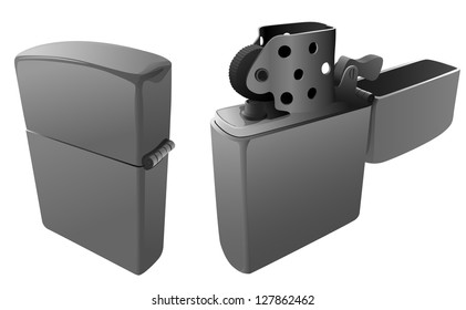 Vector illustration: open and closed petrol lighter, without fire, in grey tone.