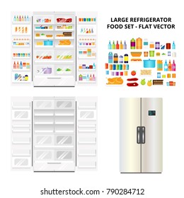 Vector illustration of open and closed refrigerator with food set.