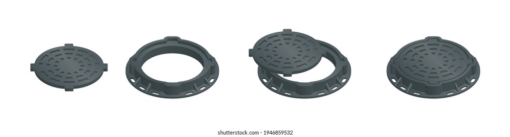 Vector illustration open and closed sewer hatch isolated on white background. Realistic manhole cover icon in flat cartoon style. Well hatch. Open and closed sewer pit with a hatch.