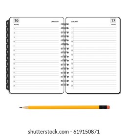 Vector illustration open diary, planner or notebook and pencil with eraser in flat style. Office and business supplies for lists, reminders, schedules or agendas.