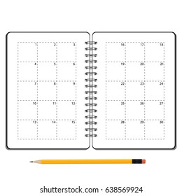 Vector illustration open diary, planner or notebook and pencil with eraser in flat style. Office and business supplies for lists, reminders, schedules or agendas.