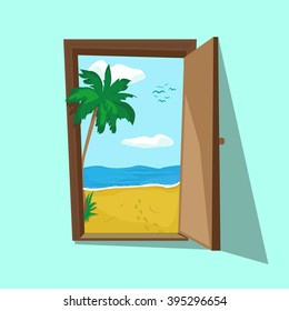 Vector illustration of an open door with beautiful beach palm and sea there. Dream weekend and summer holiday. Travel and freelance. Tourist motivating poster.