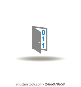 Vector illustration of open door and binary numbers 1 0. Icon of cyber security and digital technology. Symbol of cyberspace. Sign of open digital data access.