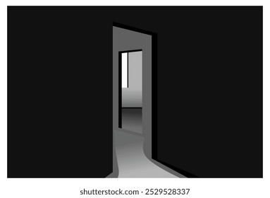 
vector illustration of open door with black background and white floor.
