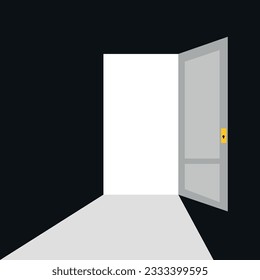 Vector illustration of an open door in a dark room.