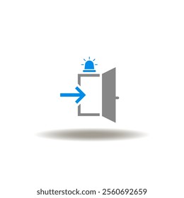 Vector illustration of open door with flasher beacon and exit arrow. Symbol of emergency preparedness plan. Icon of evacuation.