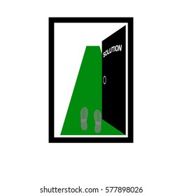 Vector illustration of open the door with the inscription solution and footprints on a green carpet.