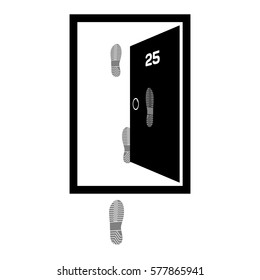 Vector illustration of an open door with the number twenty-five and shoe prints on the door and the next, flat style.