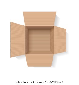 Vector illustration. Open empty cardboard box isolated on white background. Top view.