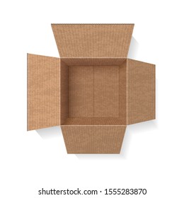 Vector illustration. Open empty cardboard box isolated on white background. Top view.