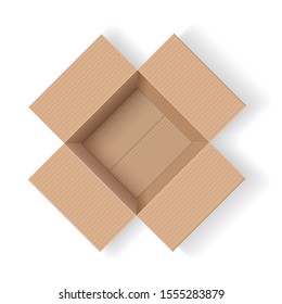 Vector illustration. Open empty cardboard box isolated on white background. Top view.