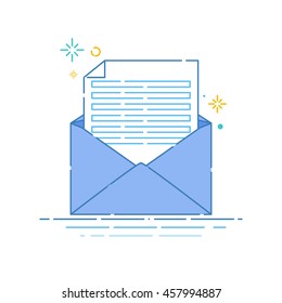 Vector illustration of open envelope with blank sheet of paper on white background. Correspondence, personal communication, email and spam concept design. Mail icon made in linear style.