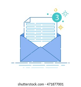 Vector illustration of an open envelope with a blank sheet of paper on white background. Correspondence, personal communication, email and spam concept design. Mail icon made in linear style.