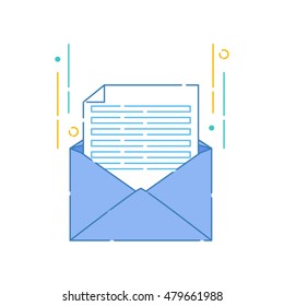 Vector illustration of an open envelope with blank sheet of paper on white background. Correspondence, personal communication, email and spam concept design. Mail icon made in linear style.