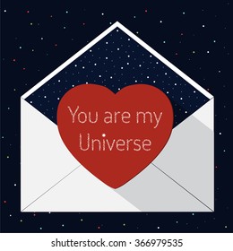 Vector illustration of an open envelope with a gift postcard in flat design. Valentine's day phrase: You are my Universe. Valentine's Day card