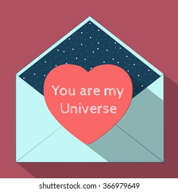 Vector illustration of an open envelope with a gift postcard in flat design. Valentine's day phrase: You are my Universe. Valentine's Day card