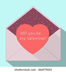 Vector illustration of an open envelope with a gift postcard in flat design. Valentine's day phrase Will you be my Valentine