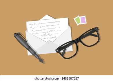 Vector illustration. Open envelope with glasses, stamps and a pen on the table. Top view.