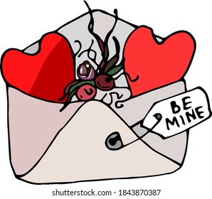 Vector illustration of an open envelope with hearts and flowers iolated on white. Icon, logo, design element, sticker, scrapbooking, print.