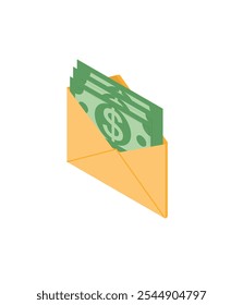 Ilustração vetorial de envelope aberto com dinheiro de salário isométrico. Conceito de salário, ganho e poupança. Ilustração de stock de ilustração de estilo plano