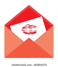 vector illustration of an open envelope with a lipstick kiss note.