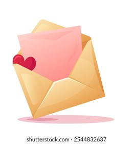 Vector illustration of an open envelope with a love letter and a small heart in cartoon style on a white background. Ideal for Valentine Day and romantic themes.
