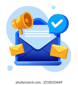 Ilustración vectorial de un sobre abierto con un megáfono e íconos de correo, que simboliza la Suscripción del boletín y la comunicación digital. Perfecto para email marketing, formularios de Sitio web y campañas en línea