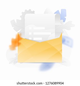 Vector illustration of an open envelope and paper parchment. Trendy and shiny gradient style.