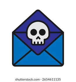 Ilustração vetorial de um Envelope Aberto com Caveira em estilo de linha sólida isolado em fundo branco. Ilustração moderna e minimalista