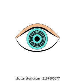 Vector illustration. Open eye with blue iris. Abstract image. Isolated object on white background. Hypnosis, spiral, eye, pupil, retro.