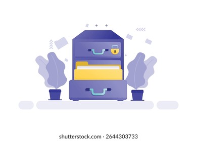 Vector illustration of an open file cabinet with secure documents and padlock icon