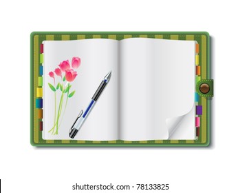 Vector illustration of an open floral diary book with a pen