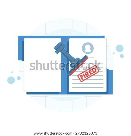 Vector illustration of an open folder with a dismissed document stamped. Concept for layoffs, employee termination, job reduction, unemployment, and HR management.