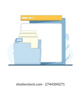 Vector illustration of open folder with JPG file, representing image storage, document organization, and file management in flat design on isolated background.