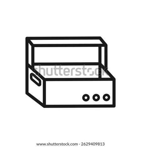 Vector illustration of an open footwear box icon in simple black outline style. Perfect for use in online stores, packaging design, shoe shop branding, delivery services. Isolated vector illustration