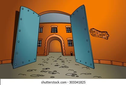 Vector illustration of a open gate with a building in the background. The entrance. Welcome. Cartoon style. Empty space leaves room for design elements or text. Concept. Postcard. Poster. Background.