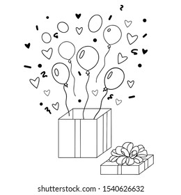 Vector illustration with open gift box, balloons, bow and confetti on white background 