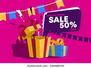 Vector illustration of an open gift box, confetti, cloud with text special offer sale 50 percent off