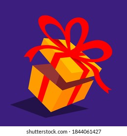 Vector illustration of open gift box with ribbon and bow on dark background